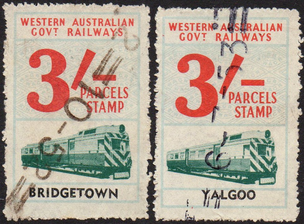 Railway parcel stamp Western Australia  Third Series First Issue Bridgetown Yalgoo 3/-